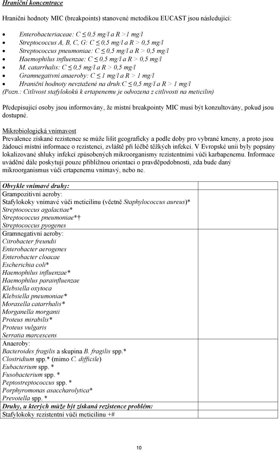 catarrhalis: C 0,5 mg/l a R > 0,5 mg/l Gramnegativní anaeroby: C 1 mg/l a R > 1 mg/l Hraniční hodnoty nevztažené na druh:c 0,5 mg/l a R > 1 mg/l (Pozn.