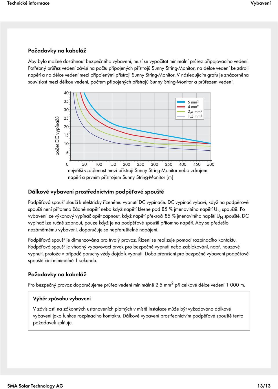 V následujícím grafu je znázorněna souvislost mezi délkou vedení, počtem připojených přístrojů Sunny String-Monitor a průřezem vedení.