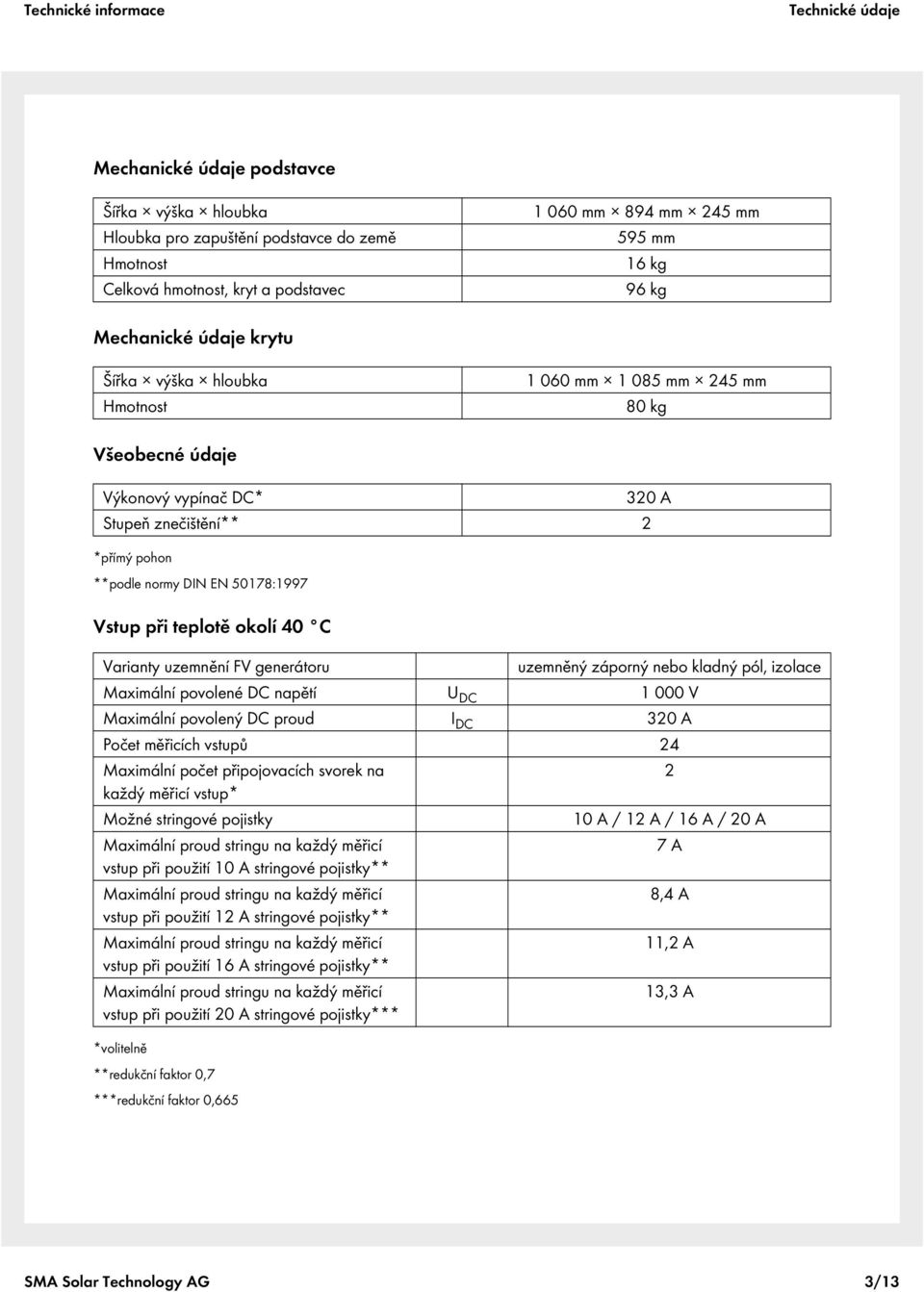 okolí 40 C Varianty uzemnění FV generátoru uzemněný záporný nebo kladný pól, izolace Maximální povolené DC napětí U DC 1 000 V Maximální povolený DC proud I DC 320 A Počet měřicích vstupů 24