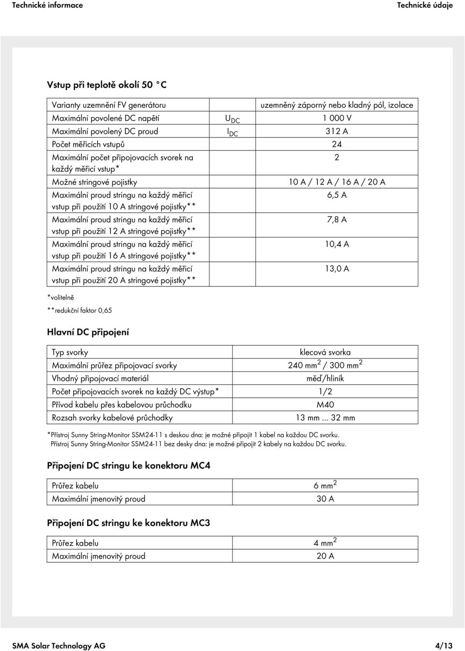 při použití 12 A stringové pojistky** 10,4 A vstup při použití 16 A stringové pojistky** vstup při použití 20 A stringové pojistky** 13,0 A *volitelně **redukční faktor 0,65 Hlavní DC připojení Typ
