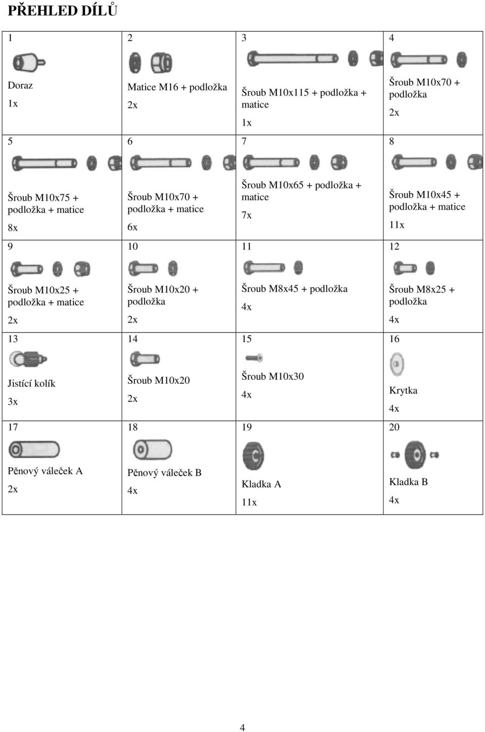 matice 11x 9 10 11 12 Šroub M10x25 + podložka + matice Šroub M10x20 + podložka Šroub M8x45 + podložka 4x Šroub M8x25 + podložka 4x