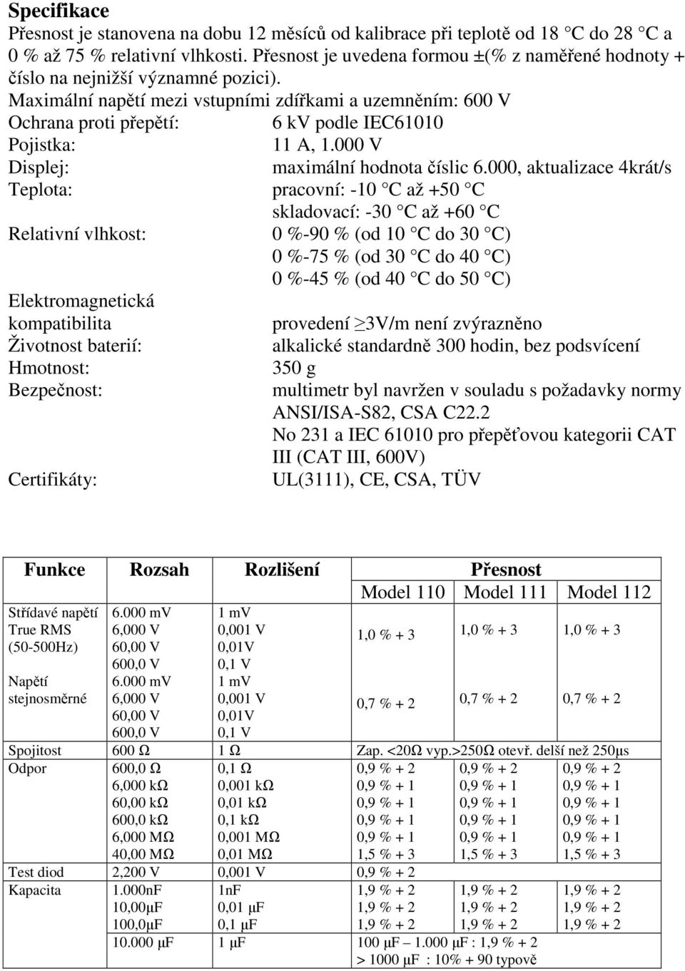 Maximální napětí mezi vstupními zdířkami a uzemněním: 600 V Ochrana proti přepětí: 6 kv podle IEC61010 Pojistka: 11 A, 1.000 V Displej: maximální hodnota číslic 6.