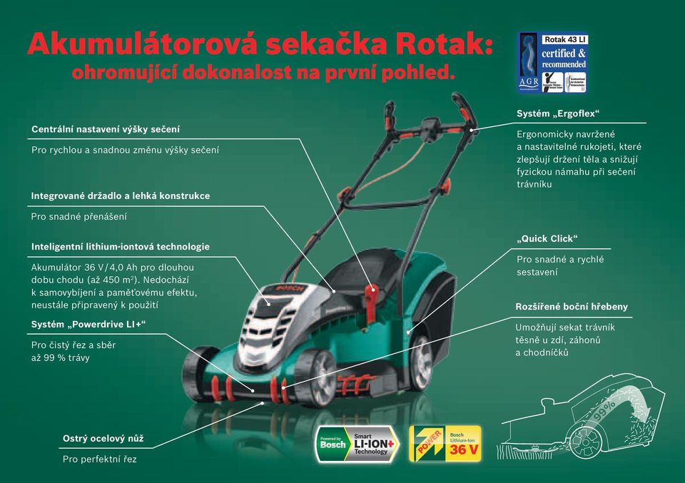 držení těla a snižují fyzickou námahu při sečení trávníku Pro snadné přenášení Inteligentní lithium-iontová technologie Akumulátor 36 V / 4,0 Ah pro dlouhou dobu chodu (až 450 m 2 ).