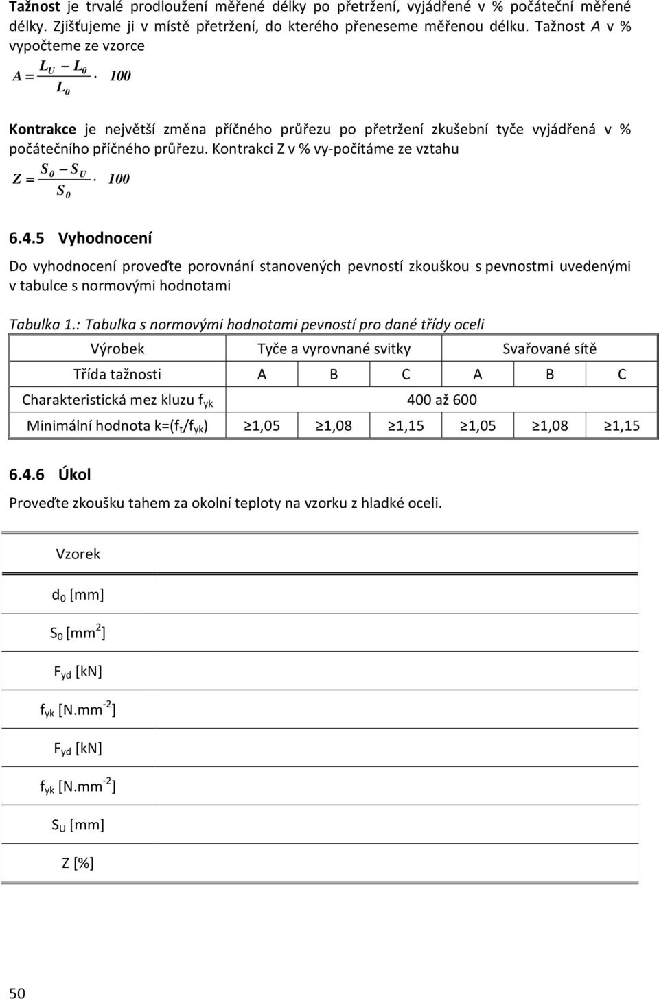 Kontrakci Z v % vy-počítáme ze vztahu U Z = 1 6.4.5 Vyhodnocení Do vyhodnocení proveďte porovnání stanovených pevností zkouškou s pevnostmi uvedenými v tabulce s normovými hodnotami Tabulka 1.