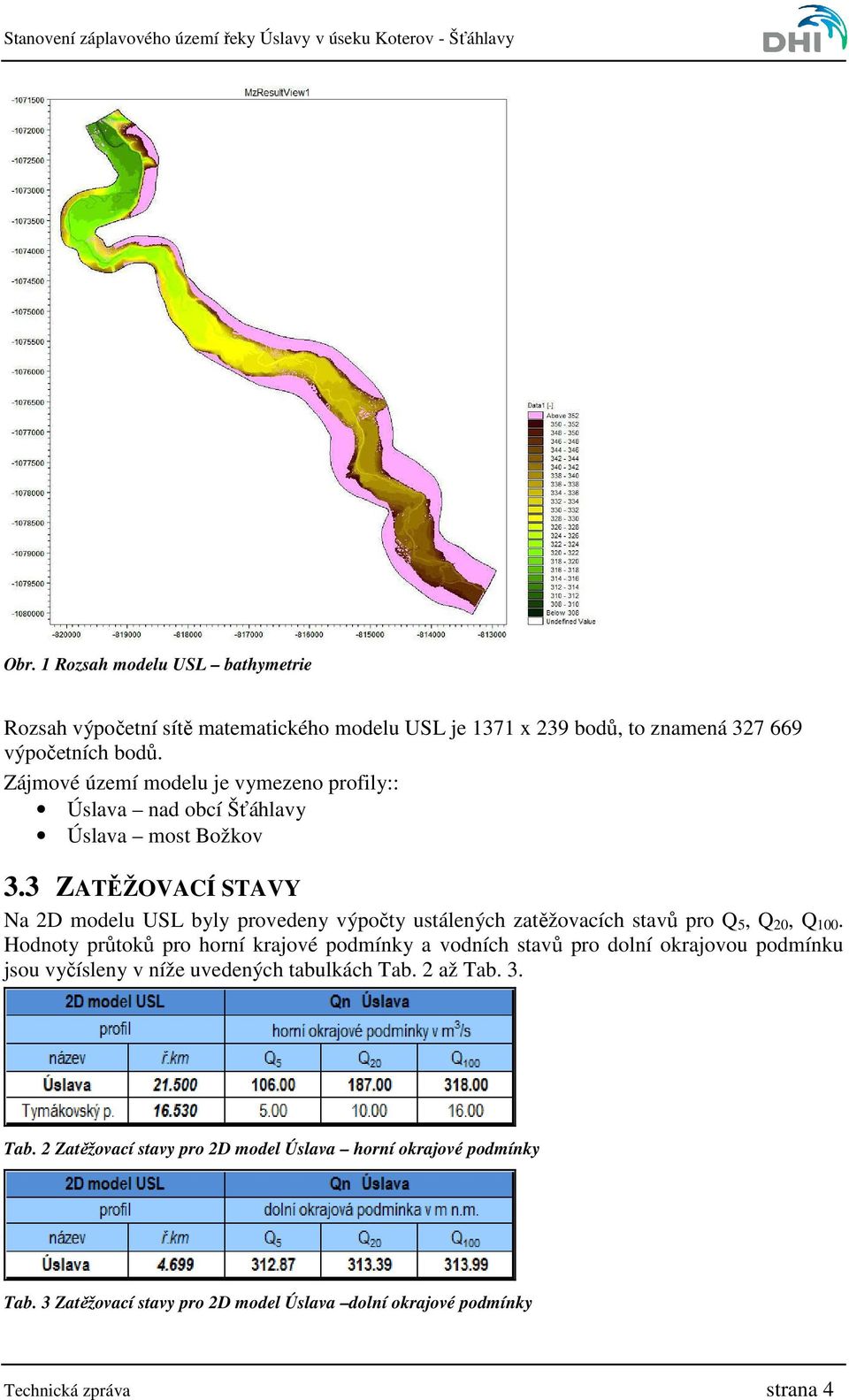 3 ZATĚŽOVACÍ STAVY Na 2D modelu USL byly provedeny výpočty ustálených zatěžovacích stavů pro Q 5, Q 20, Q 100.