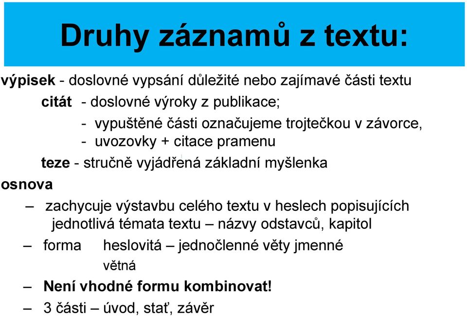 vyjádřená základní myšlenka zachycuje výstavbu celého textu v heslech popisujících jednotlivá témata textu názvy