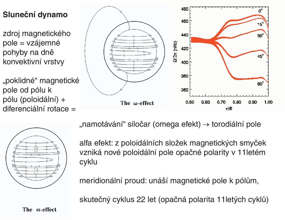 alfa efekt: z poloidálních složek magnetických smyček vzniká nové poloidální pole opačné polarity v 11letém