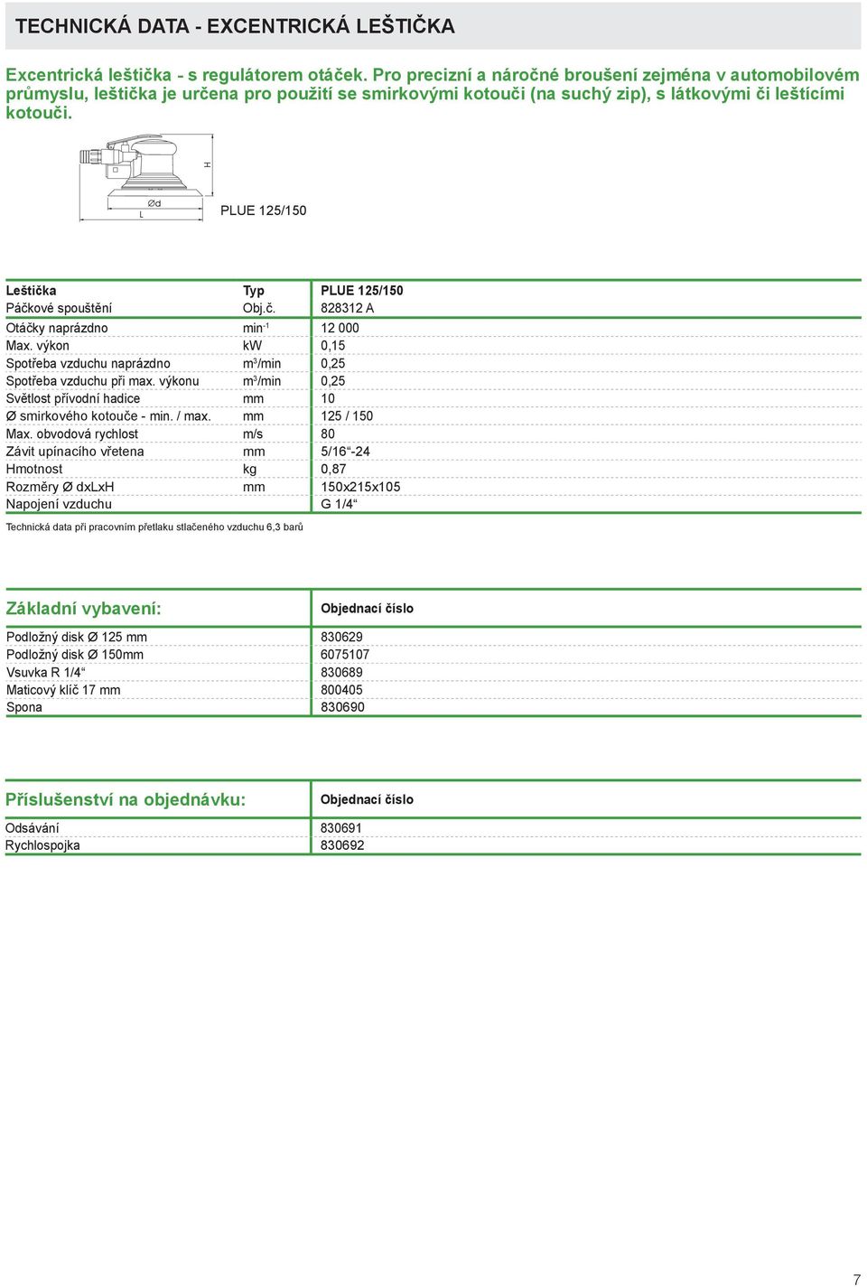 PLUE 125/150 Leštička Typ PLUE 125/150 Páčkové spouštění Obj.č. 828312 A Otáčky naprázdno min -1 12 000 Max. výkon kw 0,15 Spotřeba vzduchu naprázdno m 3 /min 0,25 Spotřeba vzduchu při max.