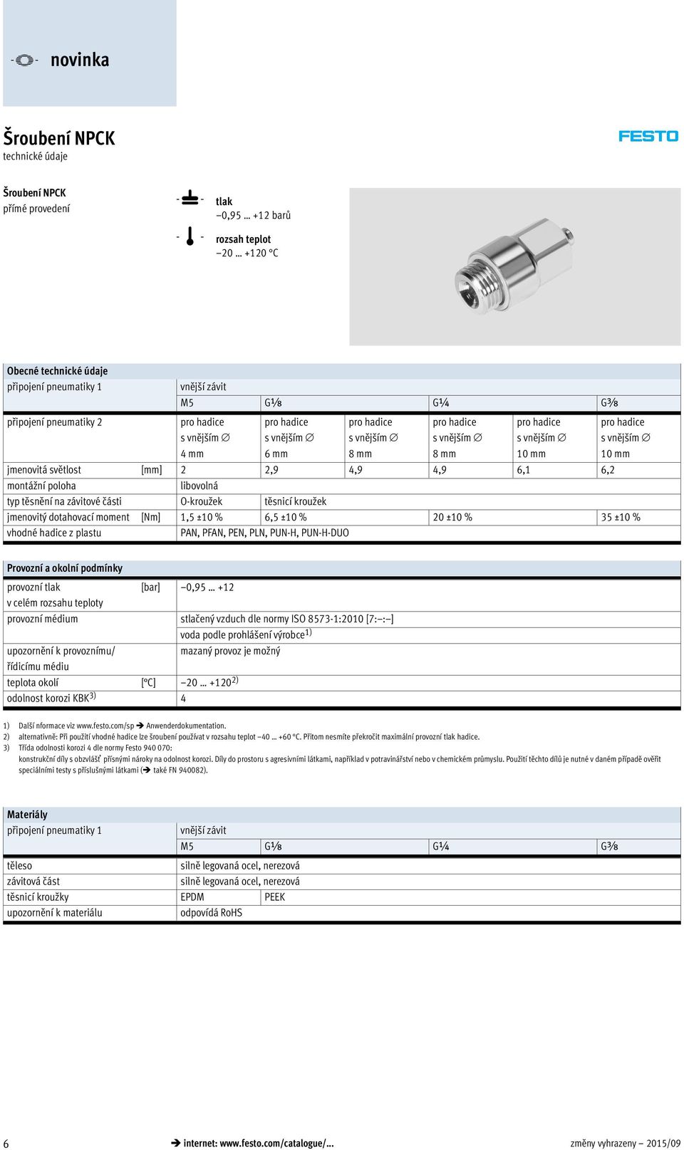 plastu PAN, PFAN, PEN, PLN, PUN-H, PUN-H-DUO Provozní a okolní podmínky provozní tlak [bar] 0,95 +12 v celém rozsahu teploty provozní médium stlačený vzduch dle normy ISO 8573-1:2010 [7: : ] voda