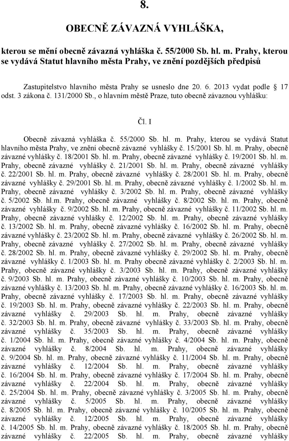 15/2001 Sb. hl. m. Prahy, obecně závazné vyhlášky č. 18/2001 Sb. hl. m. Prahy, obecně závazné vyhlášky č. 19/2001 Sb. hl. m. Prahy, obecně závazné vyhlášky č. 21/2001 Sb. hl. m. Prahy, obecně závazné vyhlášky č. 22/2001 Sb.