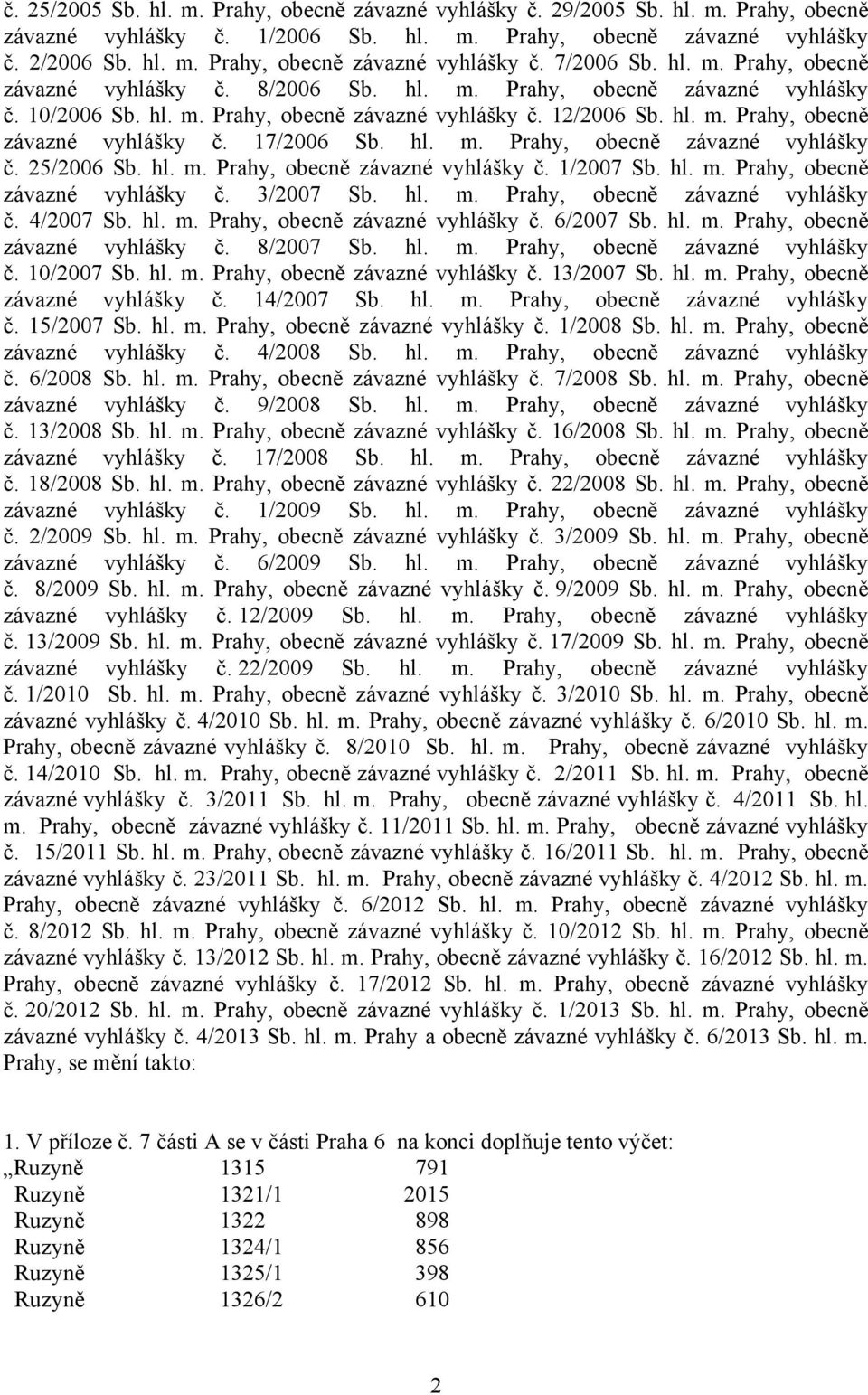 hl. m. Prahy, obecně závazné vyhlášky č. 25/2006 Sb. hl. m. Prahy, obecně závazné vyhlášky č. 1/2007 Sb. hl. m. Prahy, obecně závazné vyhlášky č. 3/2007 Sb. hl. m. Prahy, obecně závazné vyhlášky č. 4/2007 Sb.