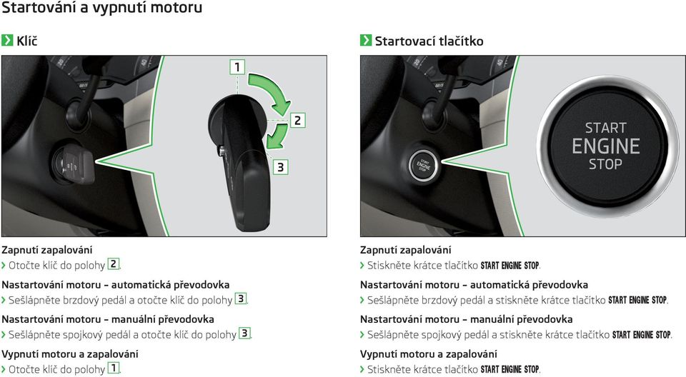 Nastartování motoru automatická převodovka Sešlápněte brzdový pedál a stiskněte krátce tlačítko.