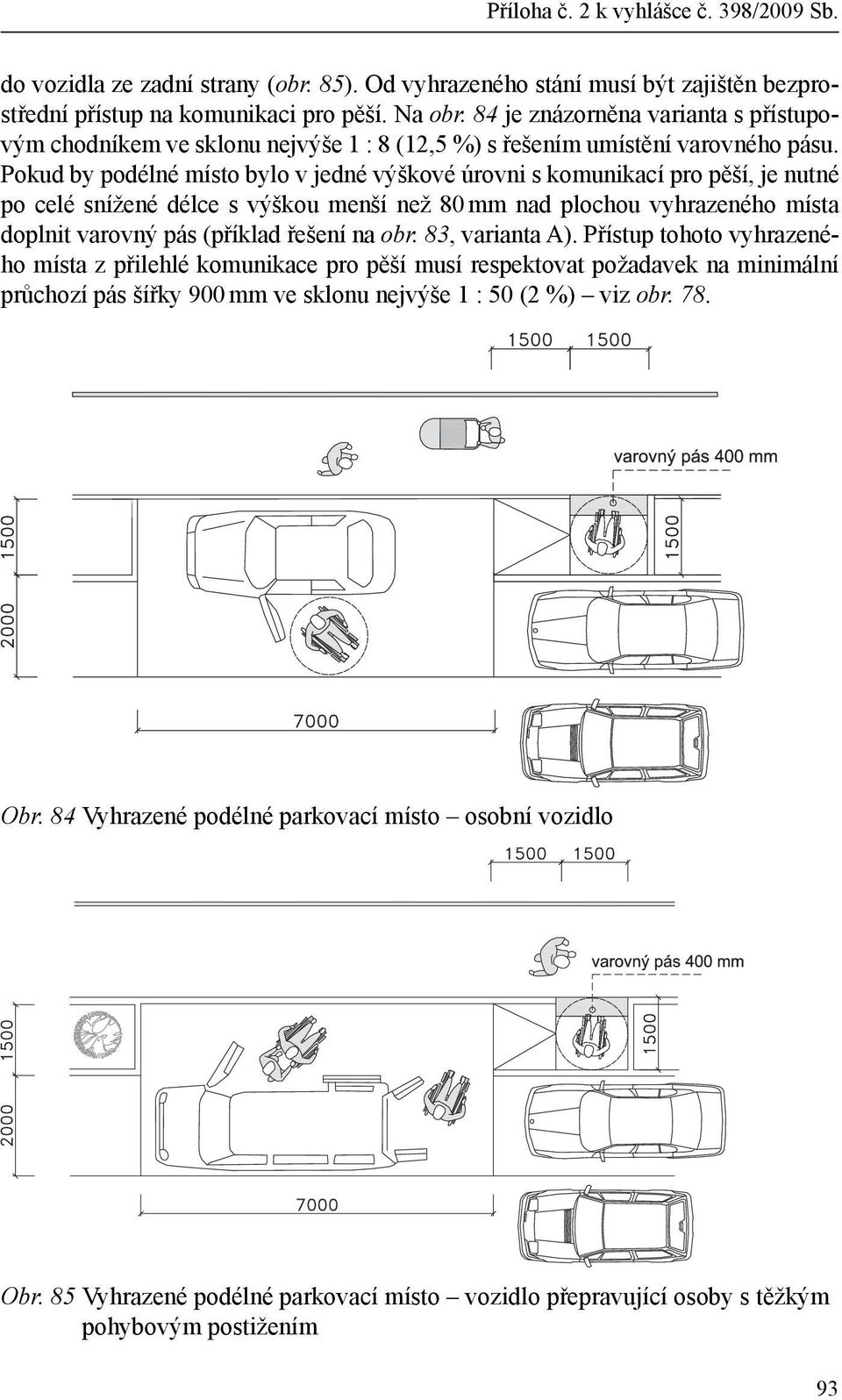 Pokud by podélné místo bylo v jedné výškové úrovni s komunikací pro pěší, je nutné po celé snížené délce s výškou menší než 80 mm nad plochou vyhrazeného místa doplnit varovný pás (příklad řešení na