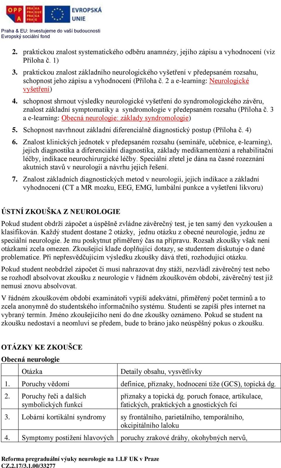 schopnost shrnout výsledky neurologické vyšetření do syndromologického závěru, znalost základní symptomatiky a syndromologie v předepsaném rozsahu (Příloha č.