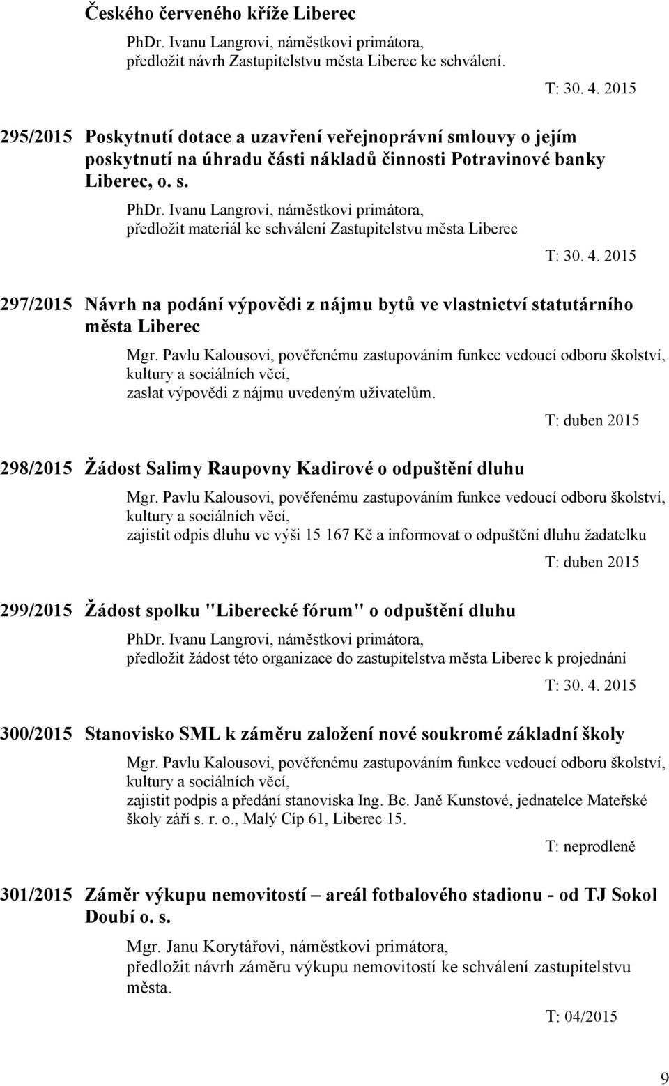 Ivanu Langrovi, náměstkovi primátora, předložit materiál ke schválení Zastupitelstvu města Liberec 297/2015 Návrh na podání výpovědi z nájmu bytů ve vlastnictví statutárního města Liberec zaslat
