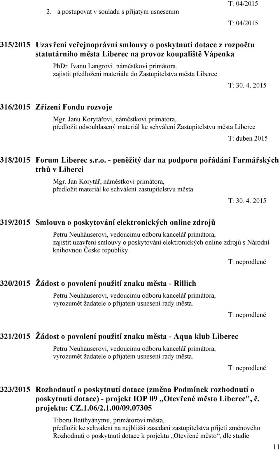 Liberec T: duben 2015 318/2015 Forum Liberec s.r.o. - peněžitý dar na podporu pořádání Farmářských trhů v Liberci Mgr.
