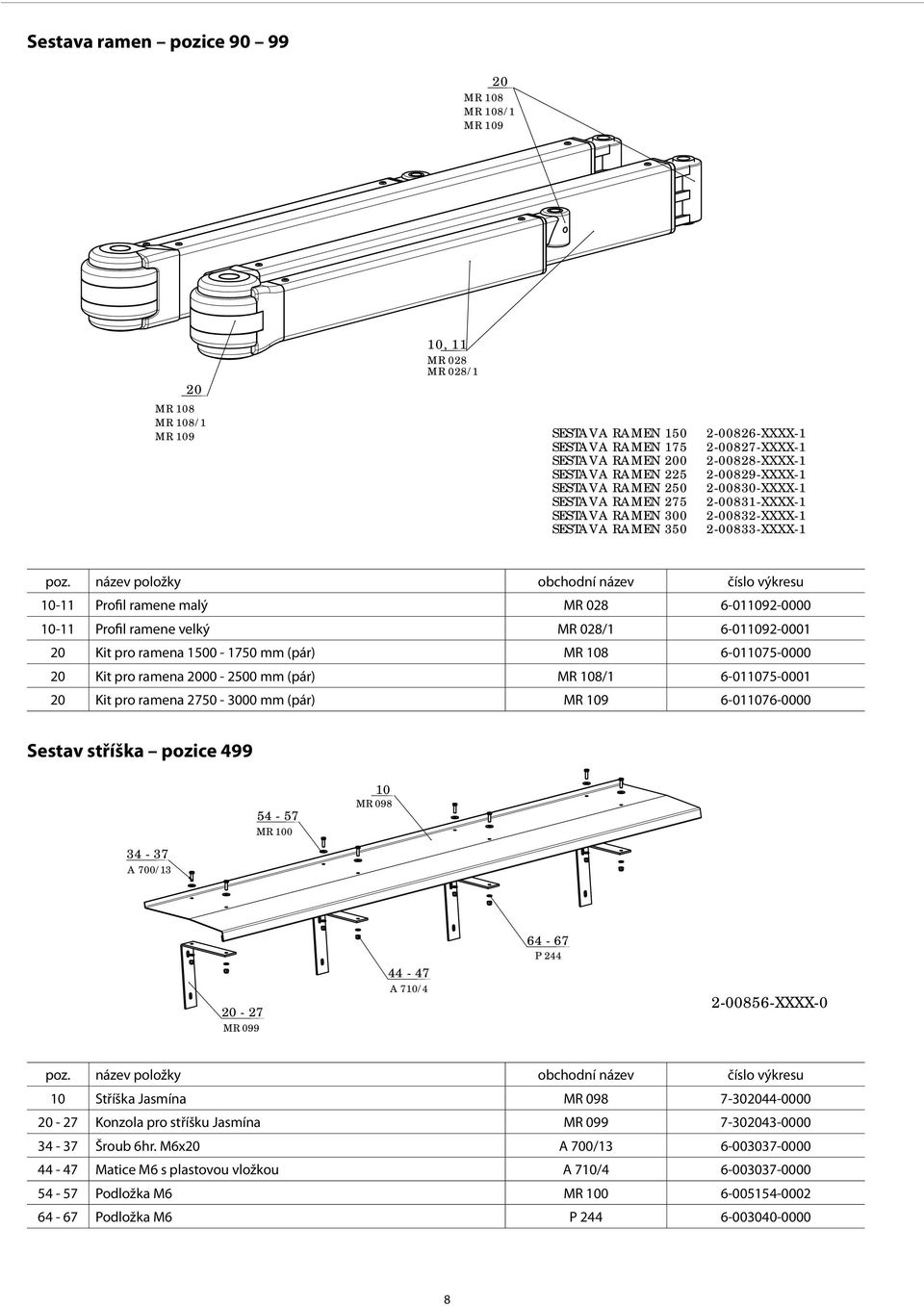 název položky obchodní název číslo výkresu 10-11 Profil ramene malý MR 028 6-011092-0000 10-11 Profil ramene velký MR 028/1 6-011092-0001 20 Kit pro ramena 1500-1750 mm (pár) MR 108 6-011075-0000 20