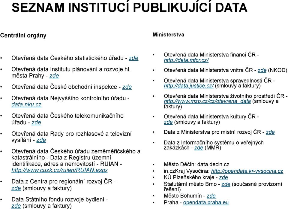 cz Otevřená data Českého telekomunikačního úřadu - zde Otevřená data Rady pro rozhlasové a televizní vysílání - zde Otevřená data Českého úřadu zeměměřičského a katastrálního - Data z Registru územní