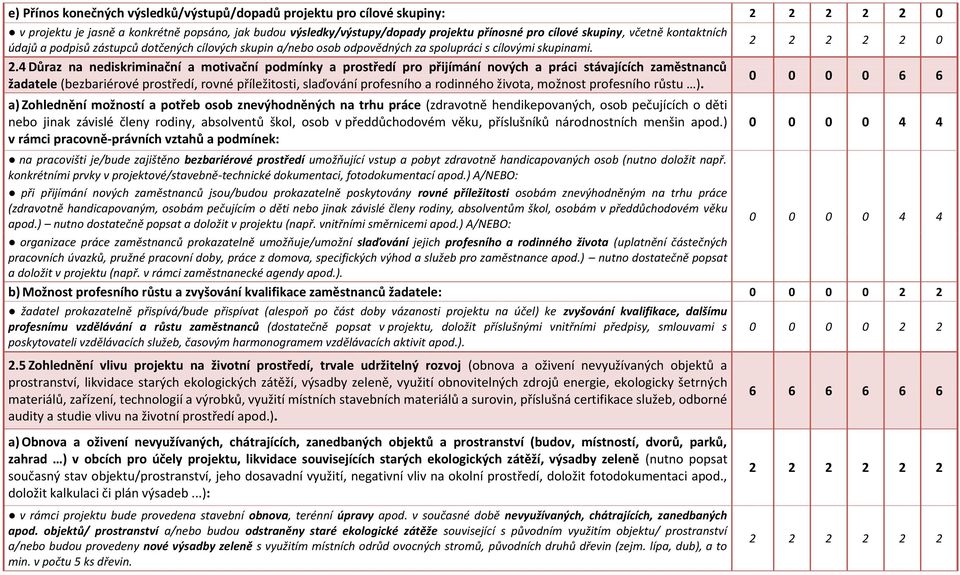. Důraz na nediskriminační a motivační podmínky a prostředí pro přijímání nových a práci stávajících zaměstnanců žadatele (bezbariérové prostředí, rovné příležitosti, slaďování profesního a rodinného
