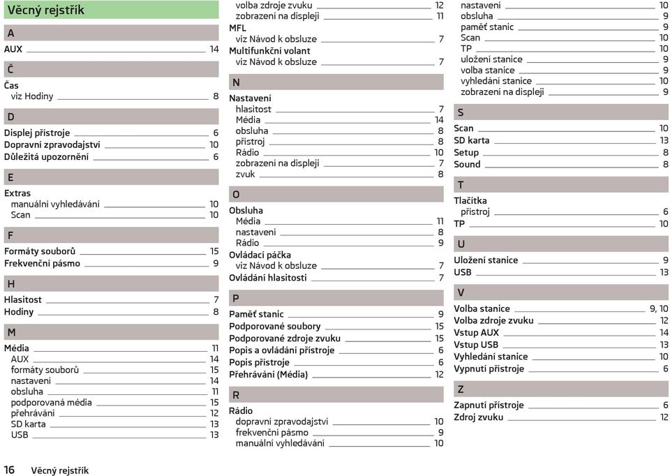 obsluze 7 Multifunkční volant viz Návod k obsluze 7 N Nastavení hlasitost 7 Média 14 obsluha 8 přístroj 8 Rádio 10 zobrazení na displeji 7 zvuk 8 O Obsluha Média 11 nastavení 8 Rádio 9 Ovládací páčka