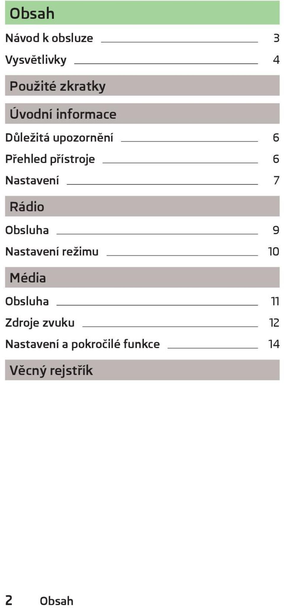 7 Rádio Obsluha 9 Nastavení režimu 10 Média Obsluha 11 Zdroje