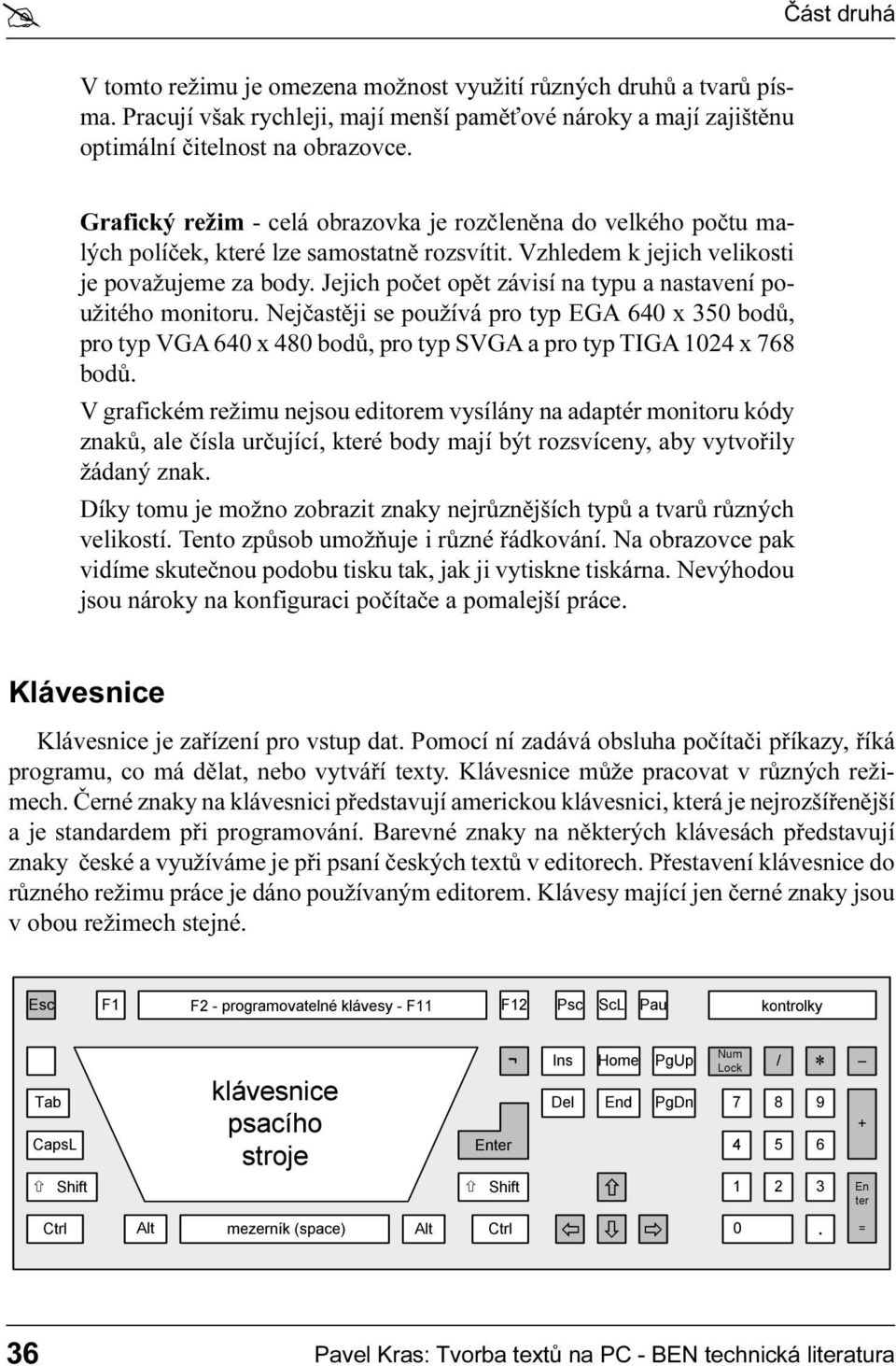 monitoru Nejèastìji se používá pro typ EGA 640 x 350 bodù, pro typ VGA 640 x 480 bodù, pro typ SVGA a pro typ TIGA 1024 x 768 bodù V grafickém režimu nejsou editorem vysílány na adaptér monitoru kódy