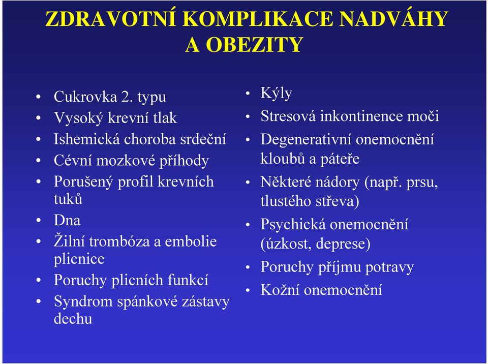 Žilní trombóza a embolie plicnice Poruchy plicních funkcí Syndrom spánkové zástavy dechu Kýly Stresová