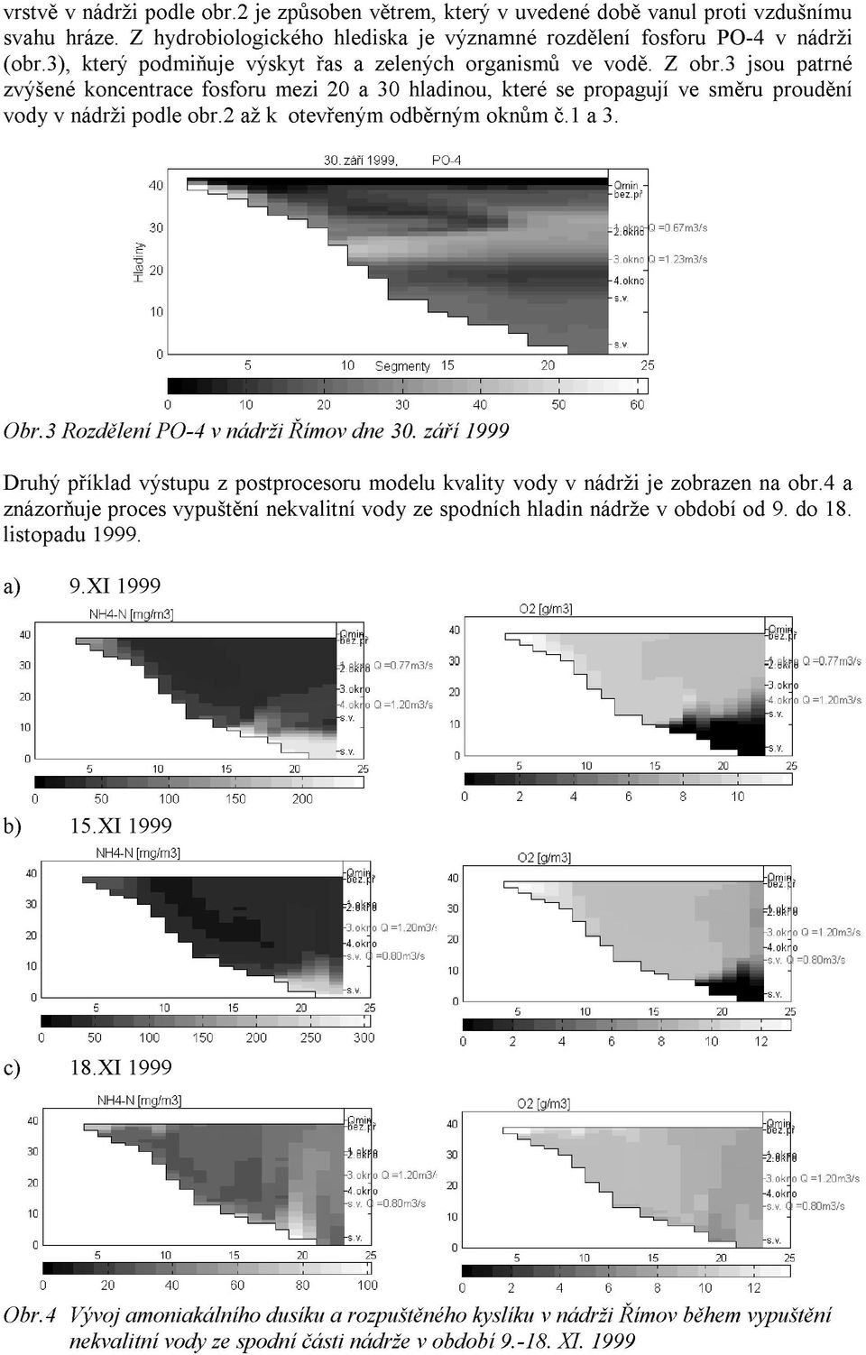 2 až k otevřeným odběrným oknům č.1 a 3. Obr.3 Rozdělení PO-4 v nádrži Římov dne 30. září 1999 Druhý příklad výstupu z postprocesoru modelu kvality vody v nádrži je zobrazen na obr.