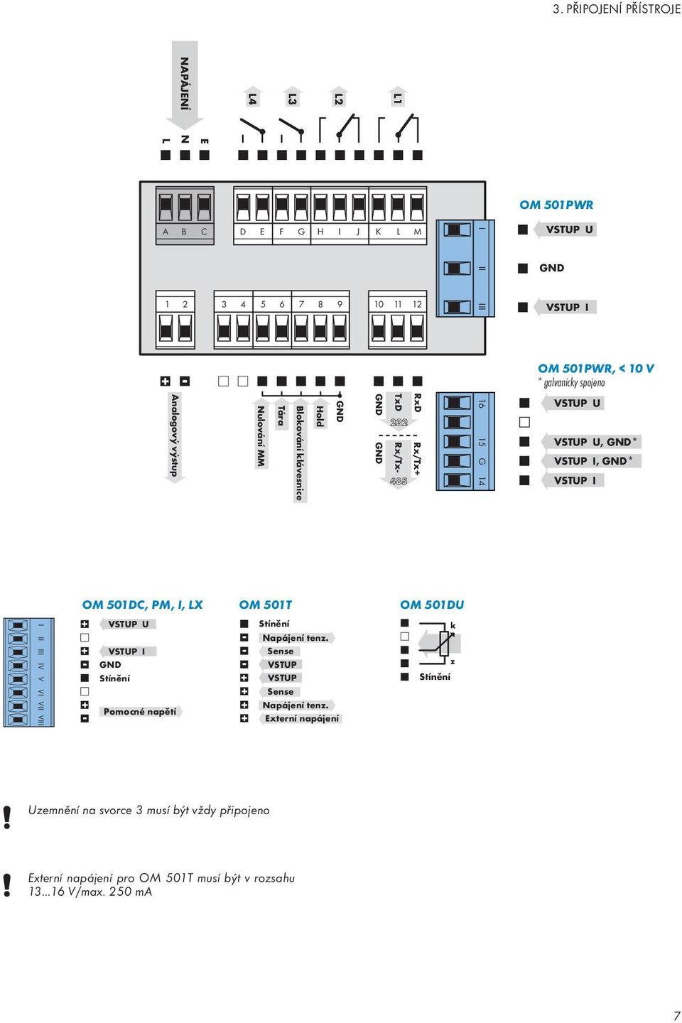 VSTUP I I II III IV V VI VII VIII OM 501DC, PM, I, LX + VSTUP U + VSTUP I - GND Stínění + - Pomocné napětí OM 501T Stínění - Napájení tenz.