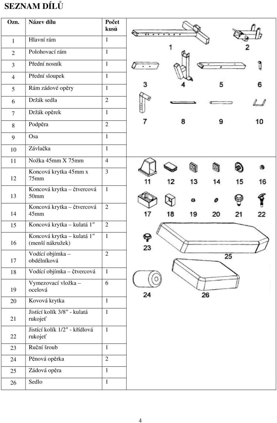 0 Závlačka Nožka 45mm X 75mm 4 3 4 Koncová krytka 45mm x 75mm Koncová krytka čtvercová 50mm Koncová krytka čtvercová 45mm 5 Koncová krytka