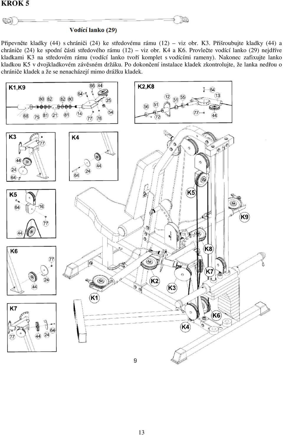 Provlečte vodící lanko (29) nejdříve kladkami K3 na středovém rámu (vodící lanko tvoří komplet s vodícími rameny).