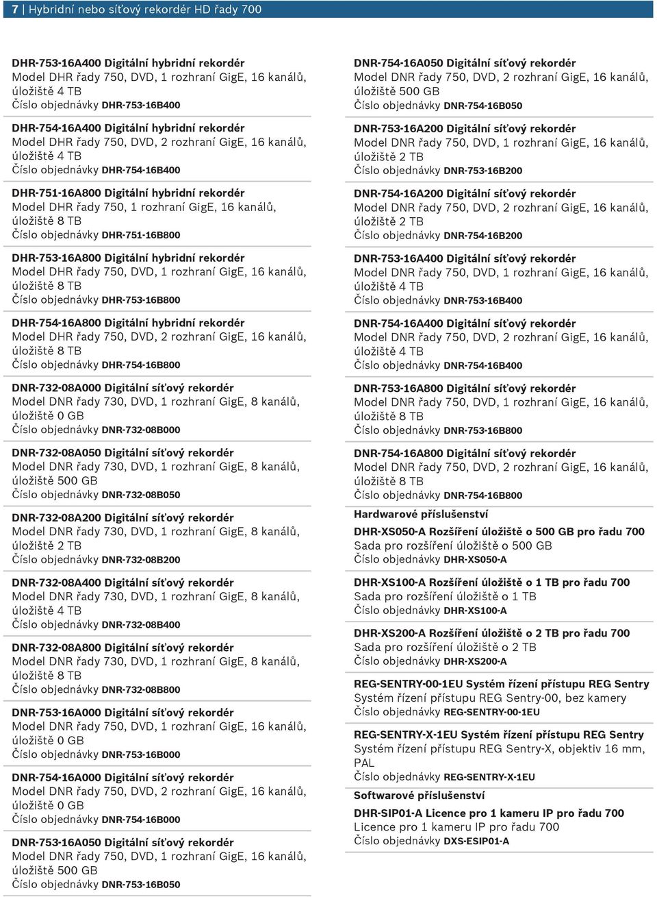 objednávky DHR-754-16B800 DNR-732-08000 Digitální síťový rekordér Číslo objednávky DNR-732-08B000 DNR-732-08050 Digitální síťový rekordér Číslo objednávky DNR-732-08B050 DNR-732-08200 Digitální