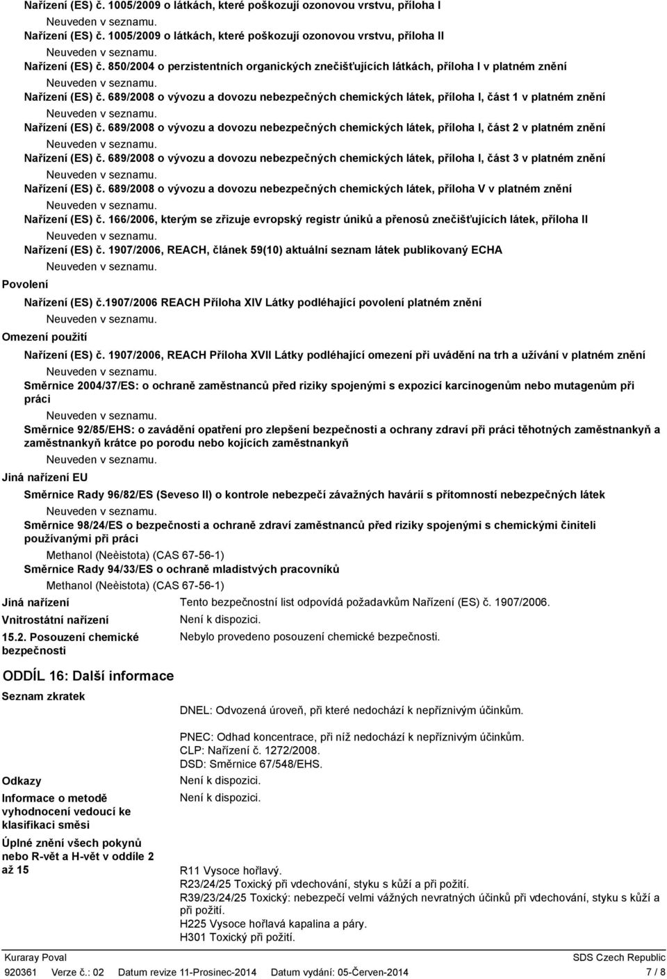 689/2008 o vývozu a dovozu nebezpečných chemických látek, příloha I, část 1 v platném znění Nařízení (ES) č.