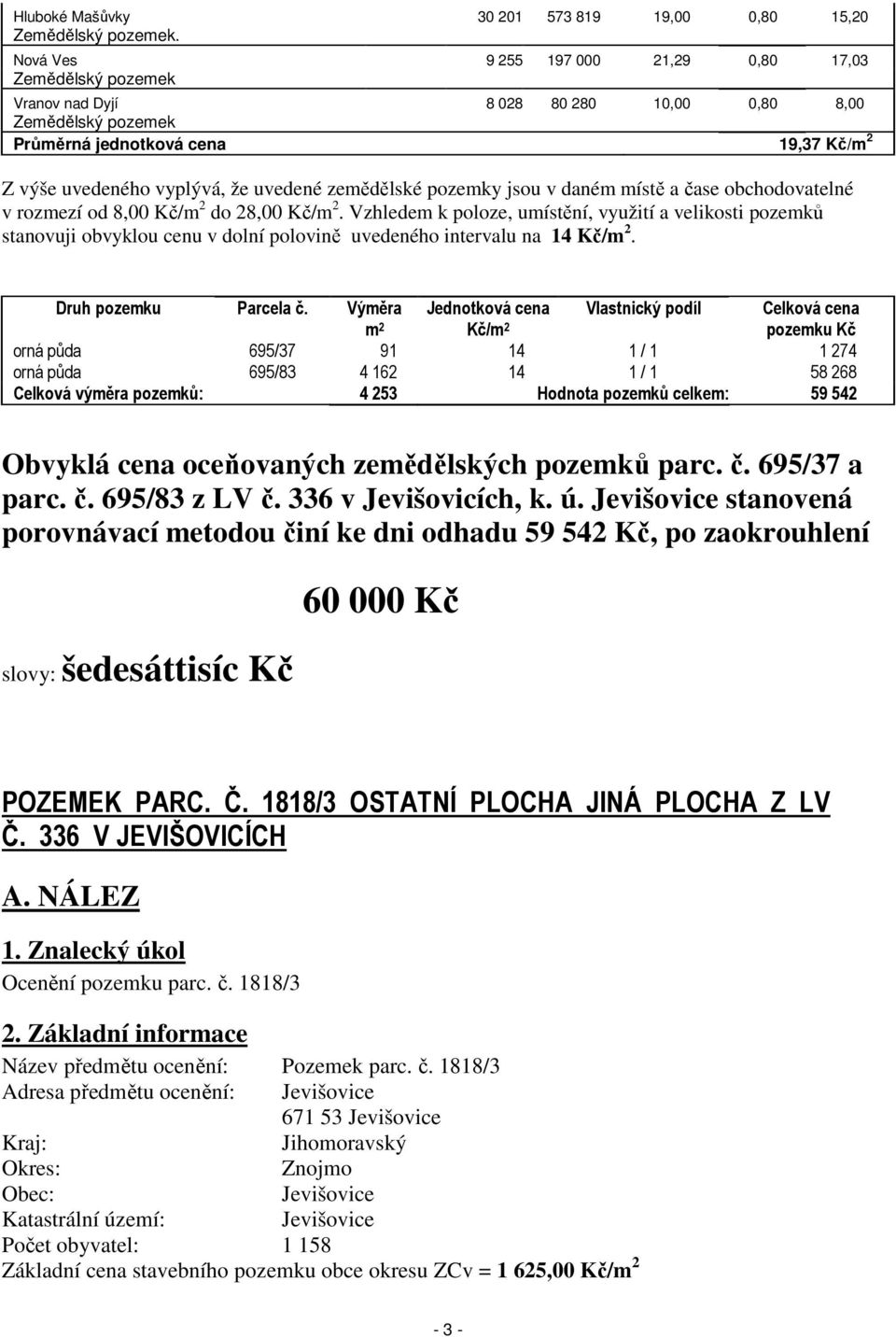 zemědělské pozemky jsou v daném místě a čase obchodovatelné v rozmezí od 8,00 Kč/m 2 do 28,00 Kč/m 2.