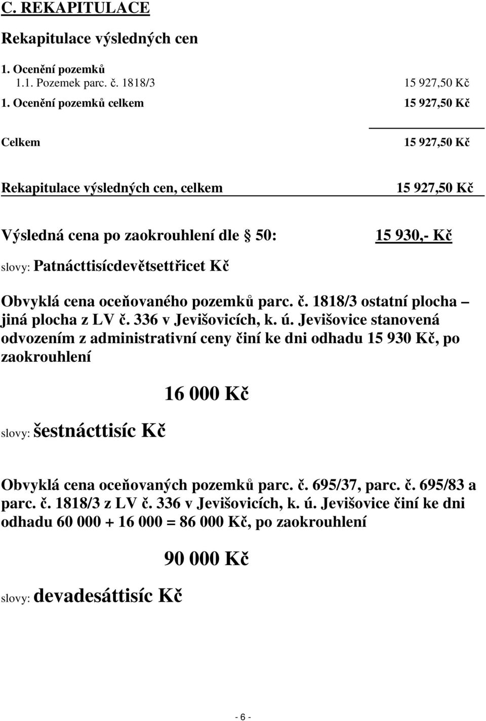 Obvyklá cena oceňovaného pozemků parc. č. 1818/3 ostatní plocha jiná plocha z LV č. 336 v Jevišovicích, k. ú.