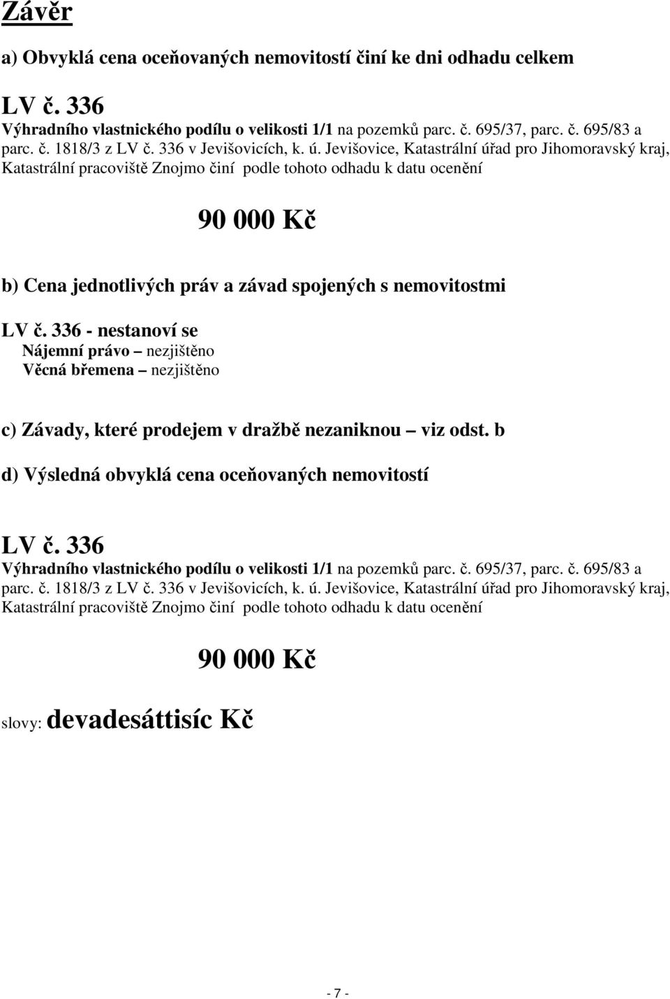 Jevišovice, Katastrální úřad pro Jihomoravský kraj, Katastrální pracoviště Znojmo činí podle tohoto odhadu k datu ocenění 90 000 Kč b) Cena jednotlivých práv a závad spojených s nemovitostmi LV č.