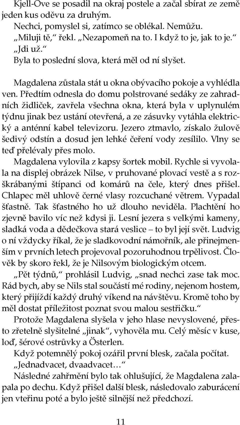 Předtím odnesla do domu polstrované sedáky ze zahradních židliček, zavřela všechna okna, která byla v uplynulém týdnu jinak bez ustání otevřená, a ze zásuvky vytáhla elektrický a anténní kabel