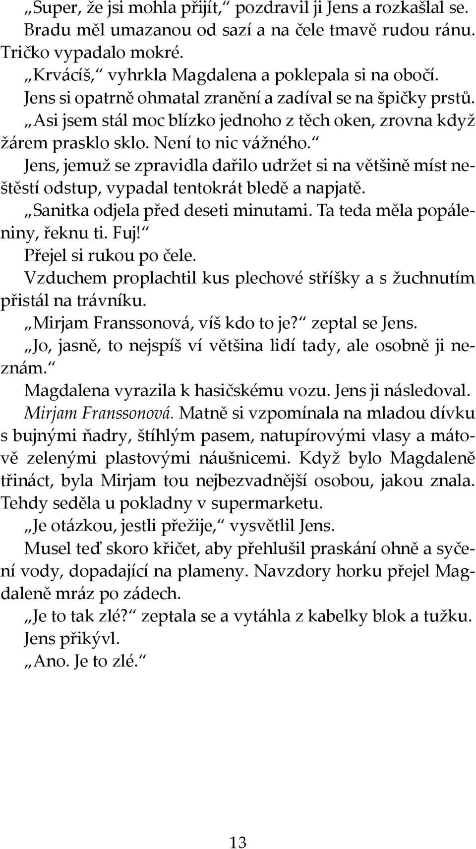 Jens, jemuž se zpravidla dařilo udržet si na většině míst neštěstí odstup, vypadal tentokrát bledě a napjatě. Sanitka odjela před deseti minutami. Ta teda měla popáleniny, řeknu ti. Fuj!