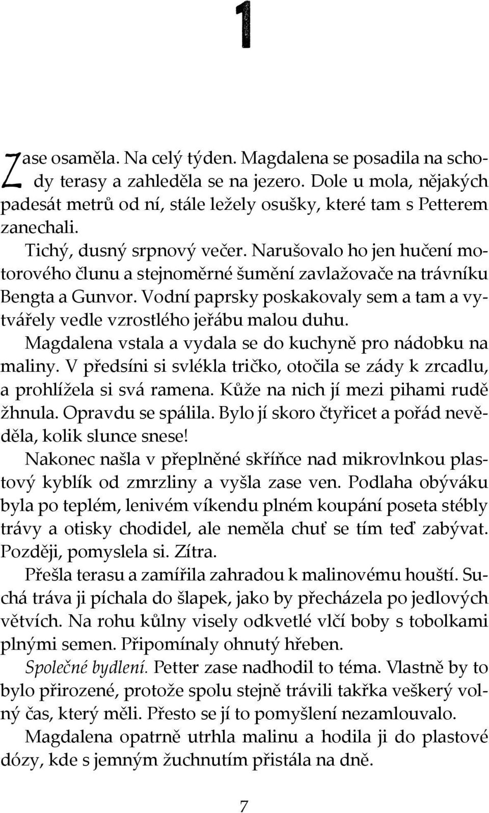 Vodní paprsky poskakovaly sem a tam a vytvářely vedle vzrostlého jeřábu malou duhu. Magdalena vstala a vydala se do kuchyně pro nádobku na maliny.