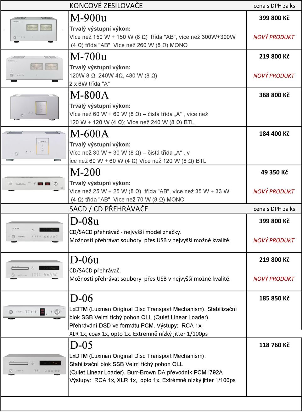 120 W (8 Ω) BTL M-200 49 350 Kč Více než 25 W + 25 W (8 Ω) třída "AB", více než 35 W + 33 W (4 Ω) třída "AB" Více než 70 W (8 Ω) MONO SACD / CD PŘEHRÁVAČE D-08u CD/SACD přehrávač - nejvyšší model