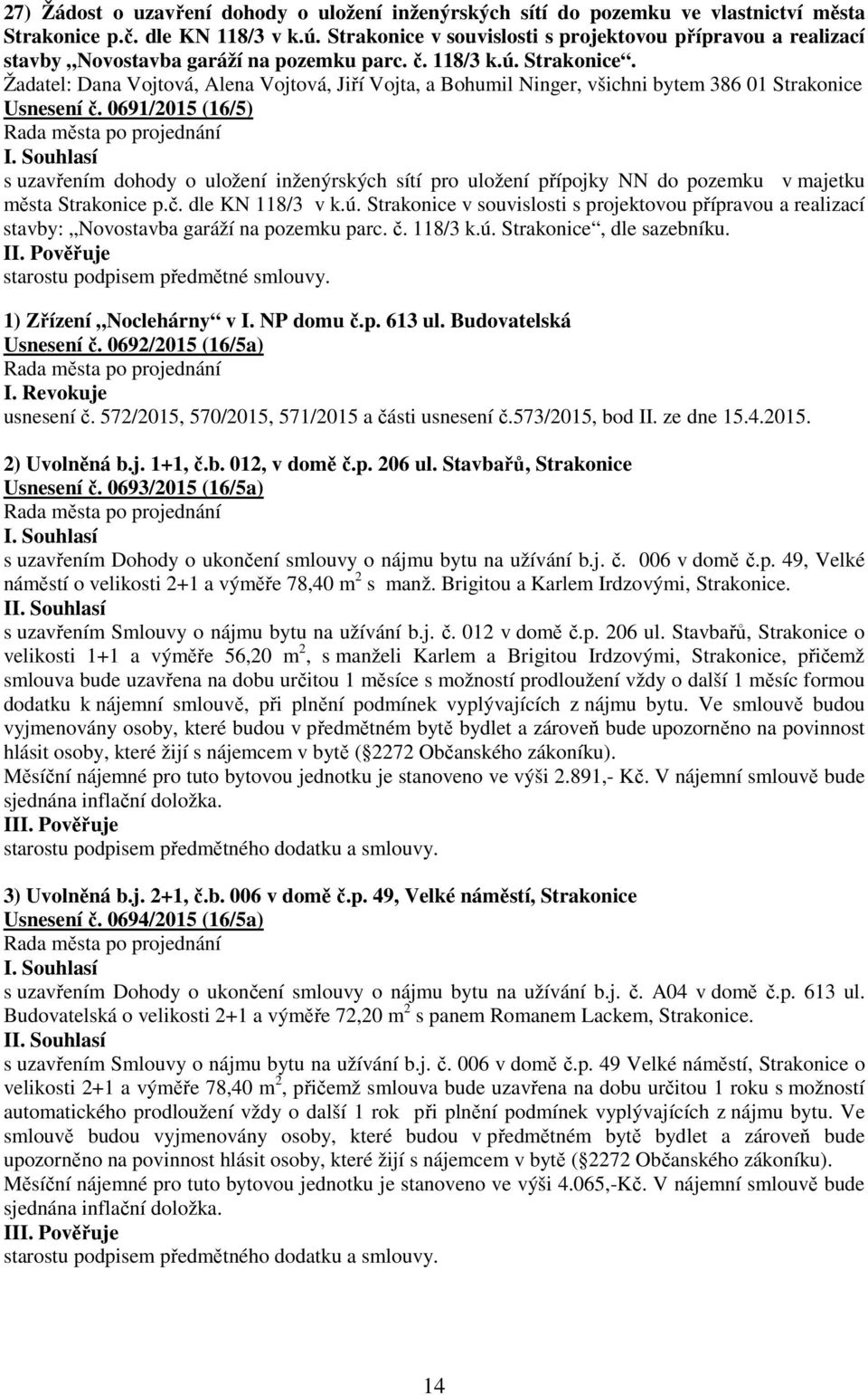 Žadatel: Dana Vojtová, Alena Vojtová, Jiří Vojta, a Bohumil Ninger, všichni bytem 386 01 Strakonice Usnesení č.