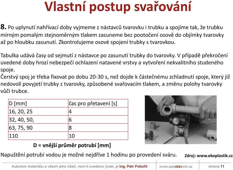 V případě překročení uvedené doby hrozí nebezpečí ochlazení natavené vrstvy a vytvoření nekvalitního studeného spoje.