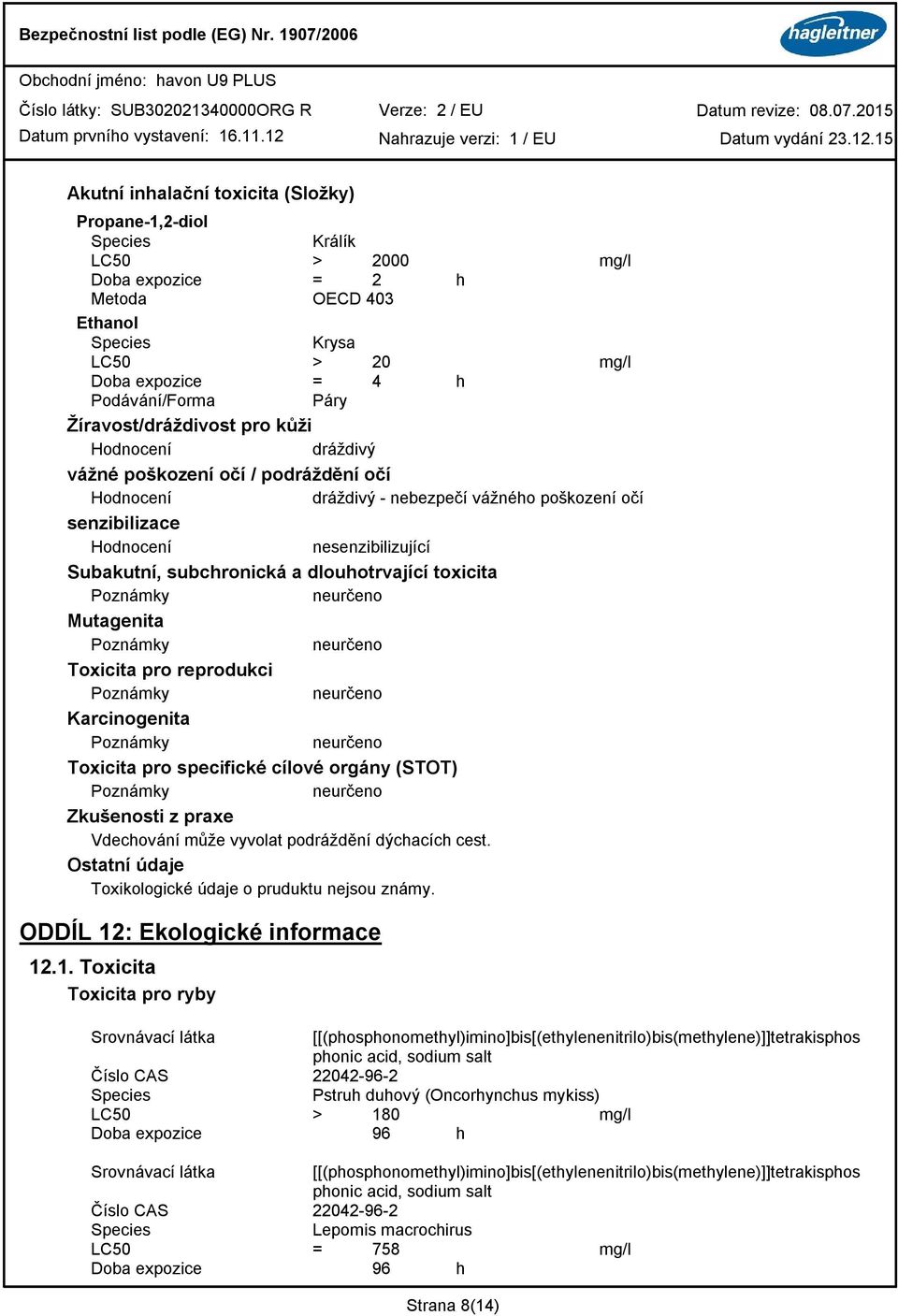 pro reprodukci Karcinogenita Toxicita pro specifické cílové orgány (STOT) Zkušenosti z praxe Vdechování můe vyvolat podrádění dýchacích cest. Ostatní údaje Toxikologické údaje o pruduktu nejsou známy.