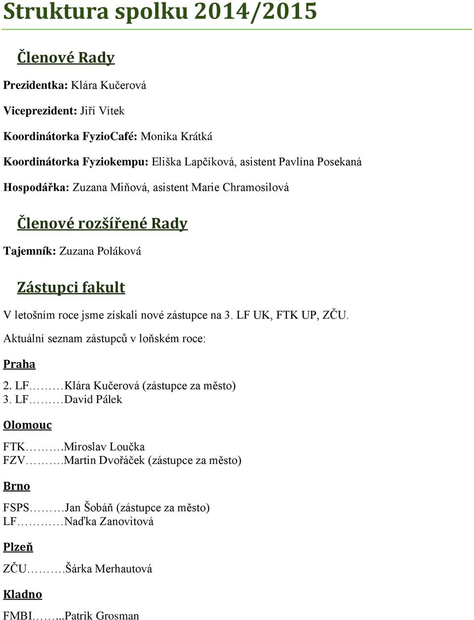roce jsme získali nové zástupce na 3. LF UK, FTK UP, ZČU. Aktuální seznam zástupců v loňském roce: Praha 2. LF Klára Kučerová (zástupce za město) 3.