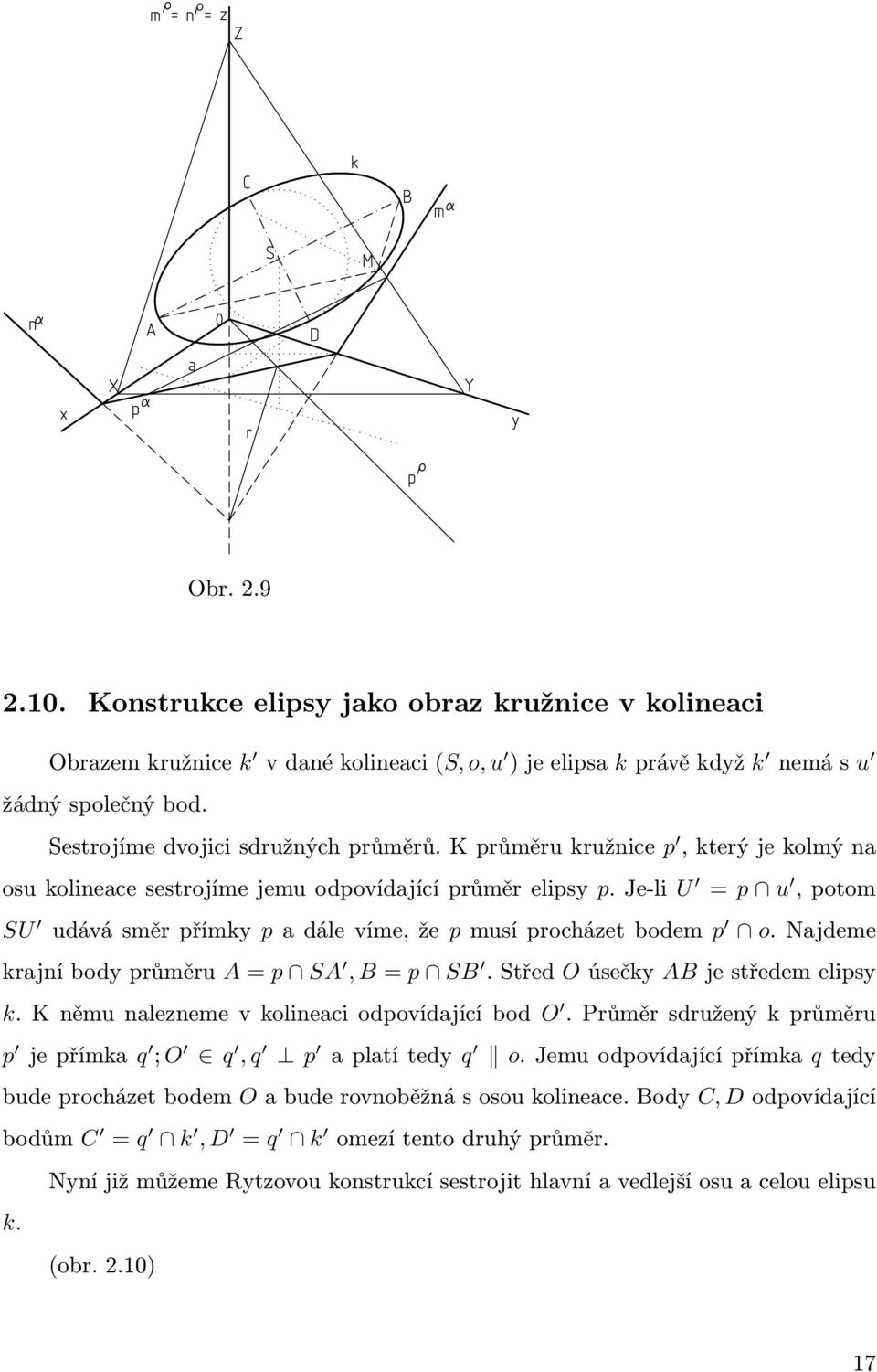 Je-li U = p u, potom SU udává směr přímky p a dále víme, že p musí procházet bodem p o. Najdeme krajní body průměru A = p SA, B = p SB. Střed O úsečky AB je středem elipsy k.