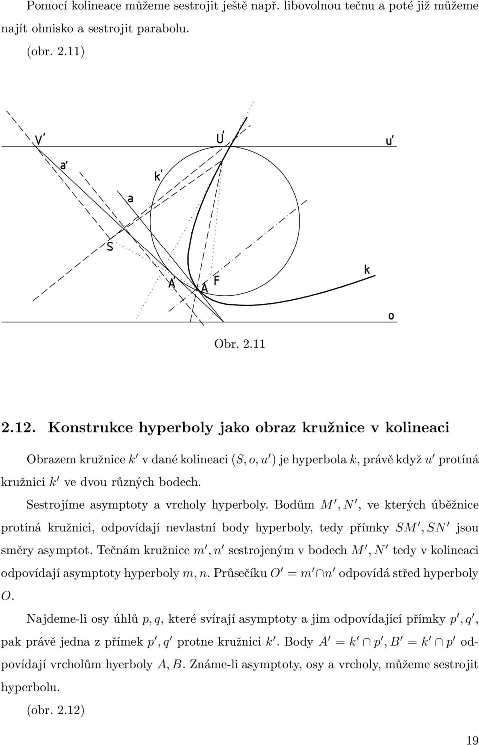 Sestrojíme asymptoty a vrcholy hyperboly. Bodům M, N, ve kterých úběžnice protíná kružnici, odpovídají nevlastní body hyperboly, tedy přímky SM, SN jsou směry asymptot.