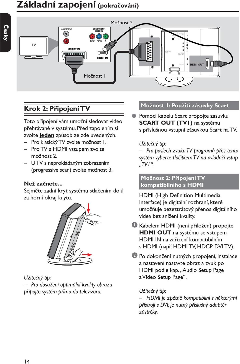 U TV s neprokládaným zobrazením (progressive scan) zvolte možnost 3. Než začnete... Sejměte zadní kryt systému stlačením dolů za horní okraj krytu.