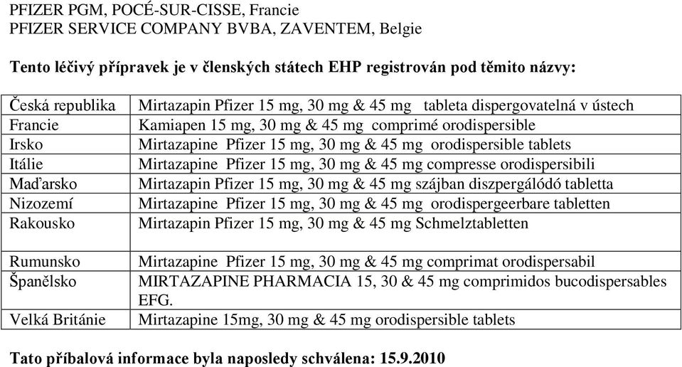 Pfizer 15 mg, 30 mg & 45 mg orodispersible tablets Mirtazapine Pfizer 15 mg, 30 mg & 45 mg compresse orodispersibili Mirtazapin Pfizer 15 mg, 30 mg & 45 mg szájban diszpergálódó tabletta Mirtazapine