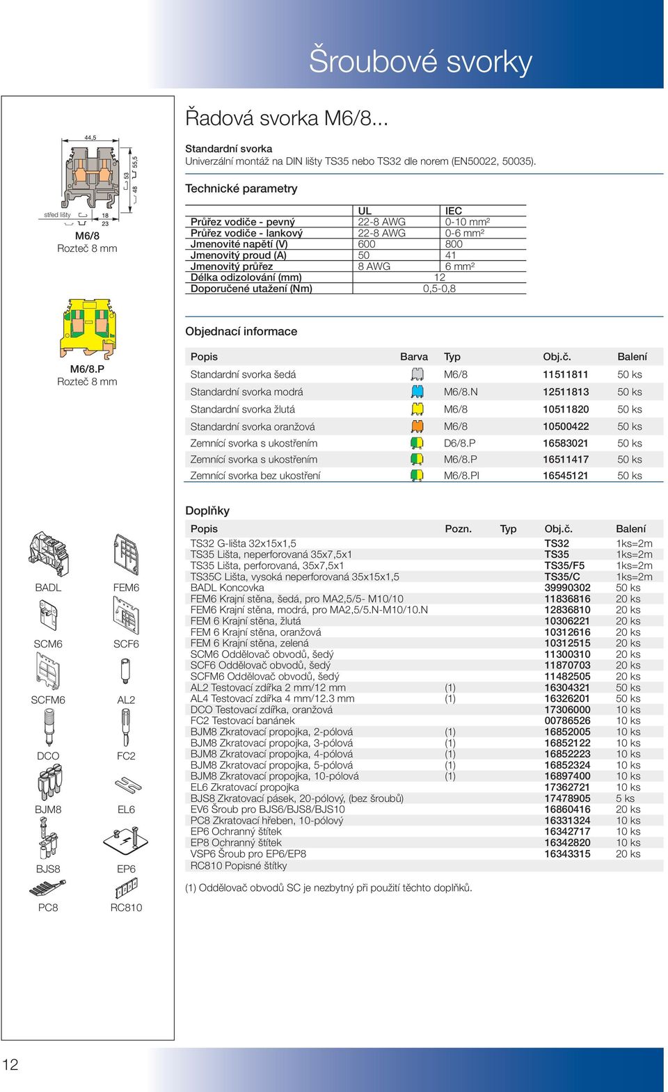 odizolování (mm) 12 Doporučené utažení (Nm) 0,5-0,8 M6/8.P Rozteč 8 mm Standardní svorka šedá M6/8 11511811 50 ks Standardní svorka modrá M6/8.
