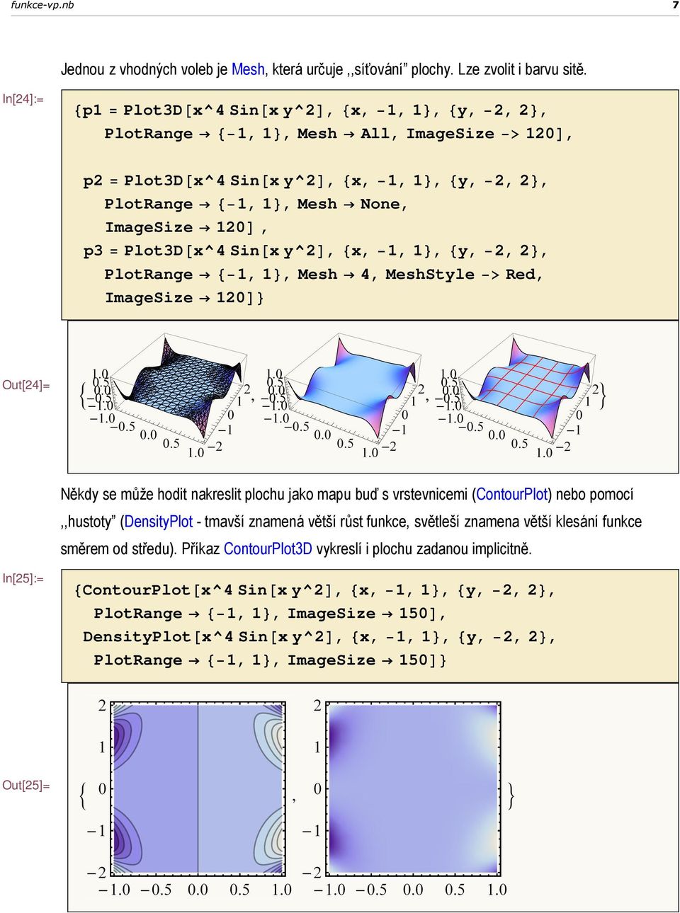 p3 = Plot3D@x^4Sin@xy^2D, 8x, 1, 1<, 8y, 2, 2<, PlotRange 8 1, 1<, Mesh 4, MeshStyle > Red, ImageSize 120D< Out[24]= :,, > Někdy se může hodit nakreslit plochu jako mapu buď s vrstevnicemi